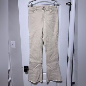 PinkLiky Cream Flare Jeans with Raw Hem
